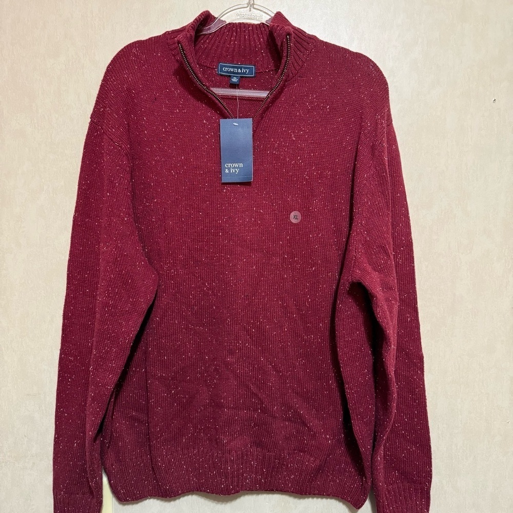 NWT Crown & Ivy Red Maple Speckled Mock Neck 1/4 Zip Sweater